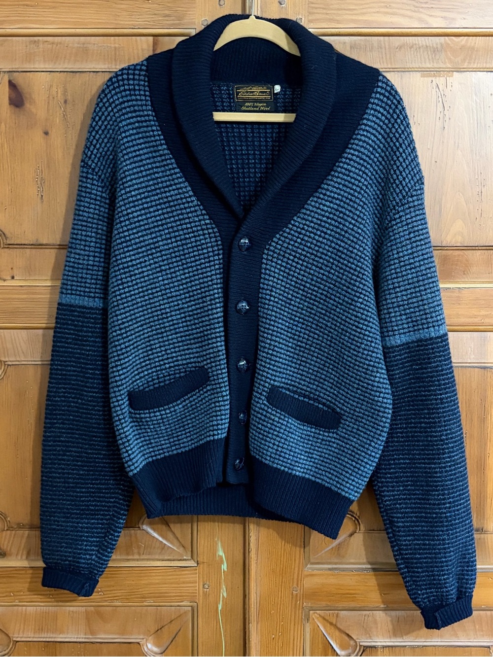 Vintage 1980s Eddie Bauer Wool Shawl Collar Navy & Heather Blue Cardigan Sweater